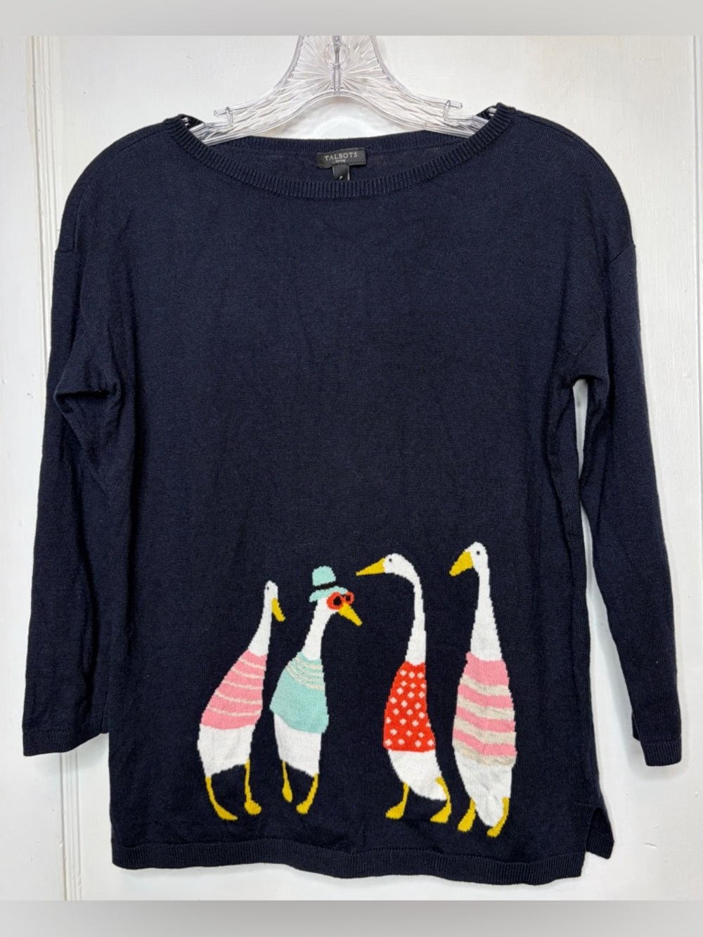 Talbots Goose Geese Sweater Navy Novelty  Cottage Quirky Whimsical Petite XS NWT